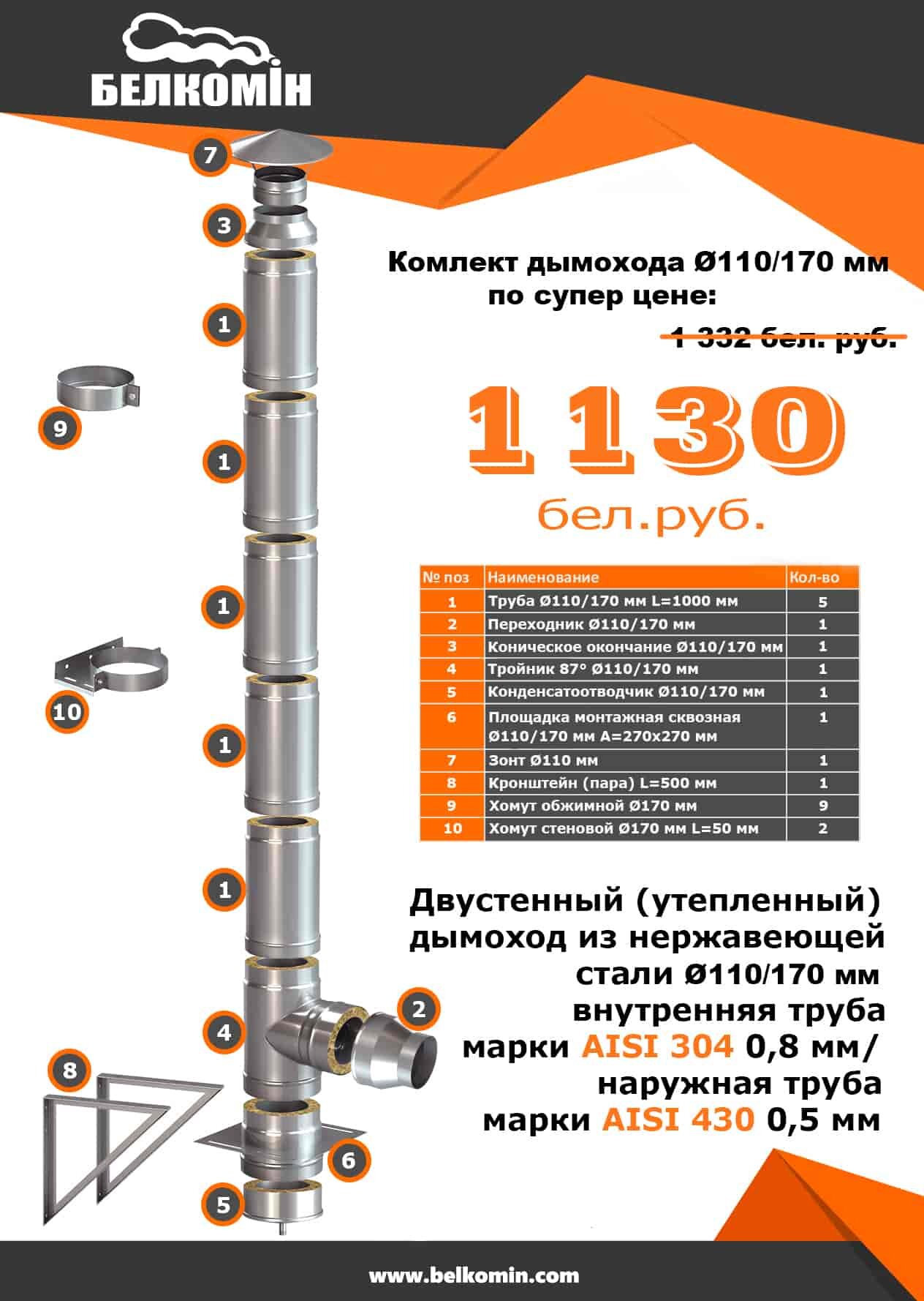 Комплект утепленного дымохода D110/170 мм (5 метров) AISI 304-0,8мм AISI 430-0,5мм