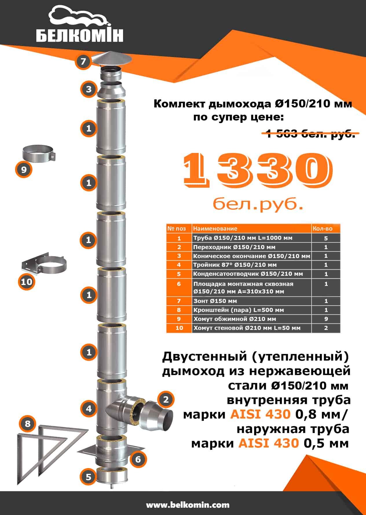 Комплект утепленного дымохода D150/210 мм (5 метров) AISI 430-0,8мм AISI 430-0,5мм