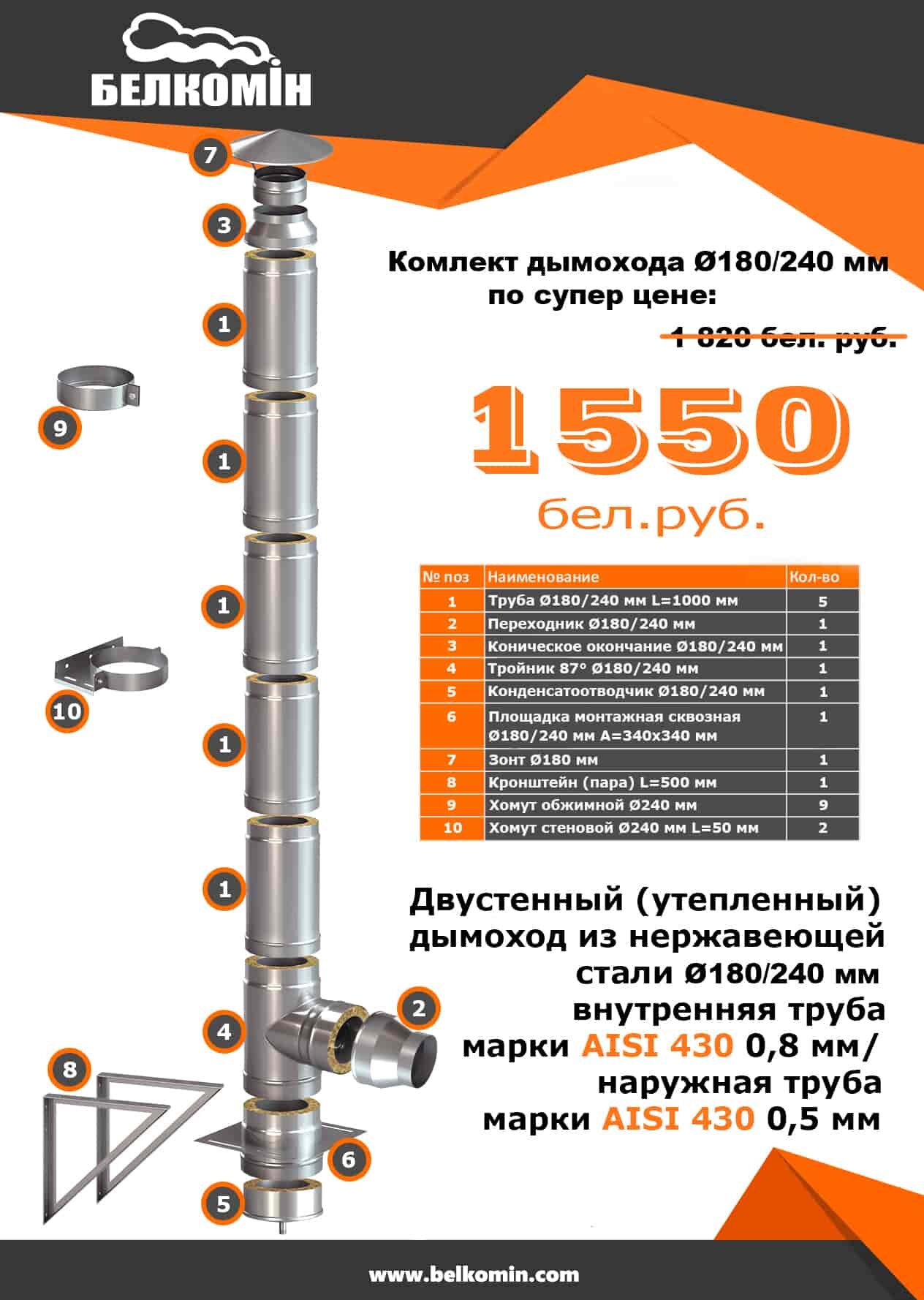 Комплект утепленного дымохода D180/240 мм (5 метров) AISI 430-0,8мм AISI 430-0,5мм