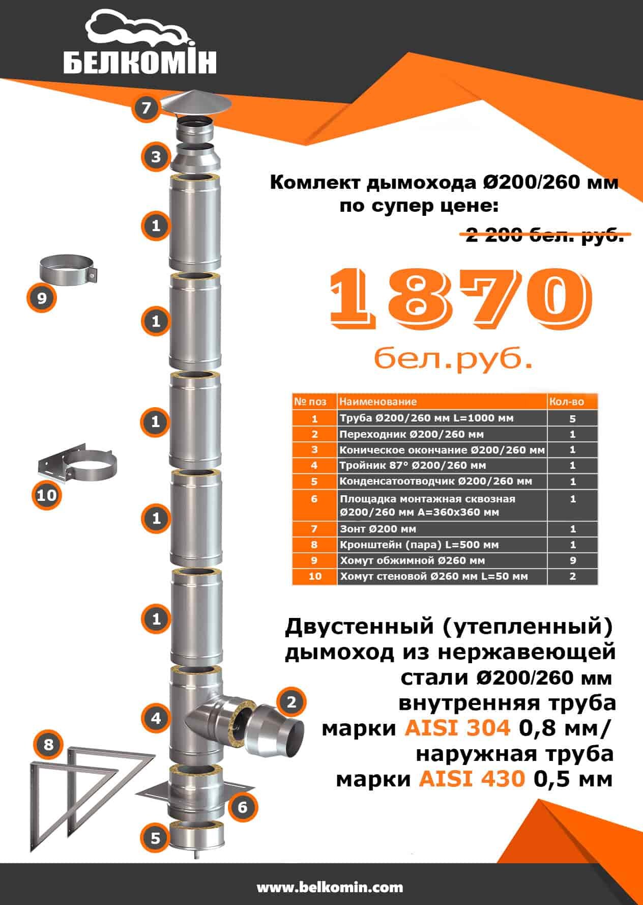 Комплект утепленного дымохода D200/260 мм (5 метров) AISI 304-0,8мм AISI 430-0,5мм