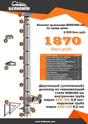 Комплект утепленного дымохода D200/260 мм (5 метров) AISI 304-0,8мм AISI 430-0,5мм