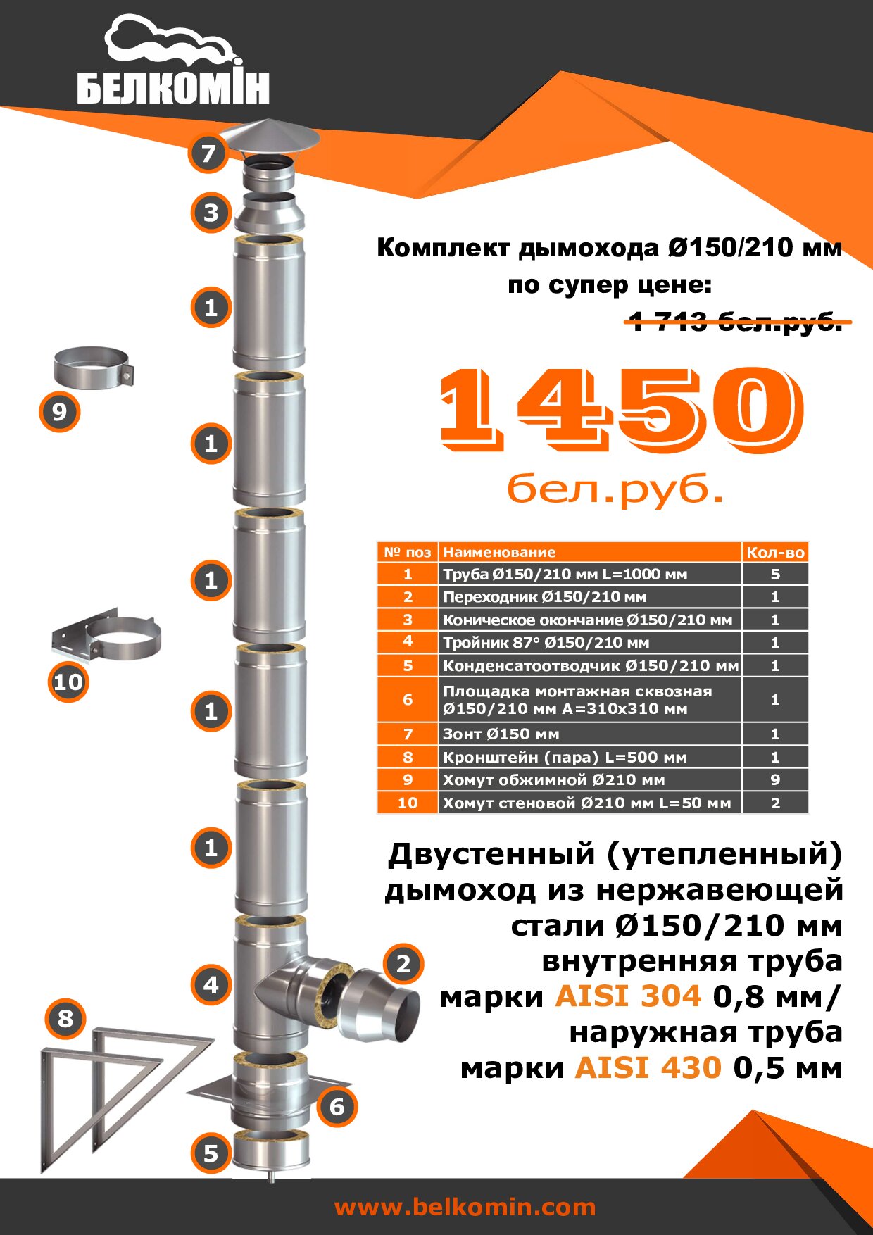 Комплект утепленного дымохода D150/210 мм (5 метров) AISI 304/0,8 мм 430/0,5 мм