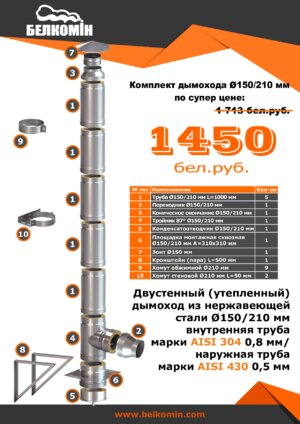 Комплект утепленного дымохода D150/210 мм (5 метров) AISI 304/0,8 мм 430/0,5 мм